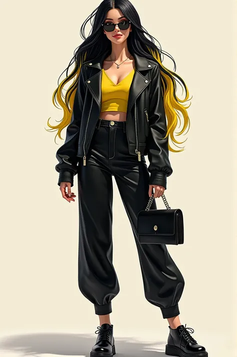  female character , Black hair with yellow,  black jacket , black wallet,  black pants,  black shoes, black sunglasses,  happy face 