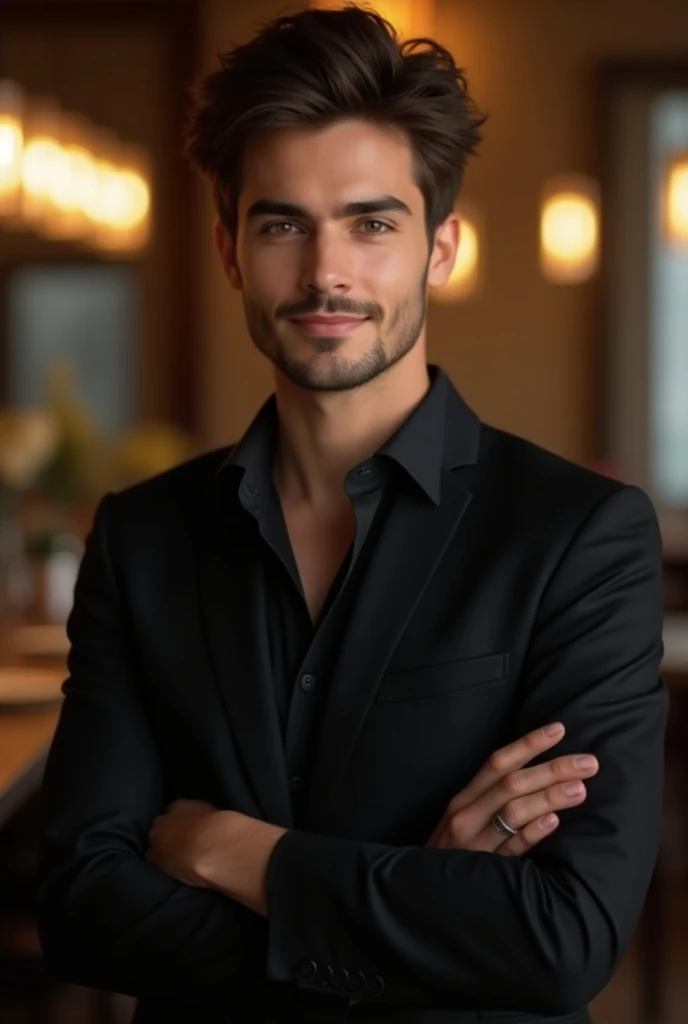 a beautiful Brazilian male model with stunning, (in a restaurant), ultra-realistic details, Smiling towards the camera, corporate photo, Medium shot photo, three quarters, crossed his arms, beautiful look, Short Brown Messy Hair, honey-colored eyes, Enchan...