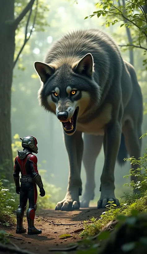 Here is the image of an ant man facing a large wolf in a forest setting. Let me know if youd like any adjustments.

