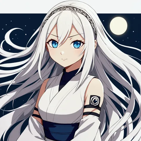 In the cartoon style of NARUTO.
 A white-haired human ninja, long, delicate and with a straight fringe that covers only one side of the forehead. very white skin. Clear and intimidating blue eyes.  Otsutsuki style clothing in white tones, black and purple ...