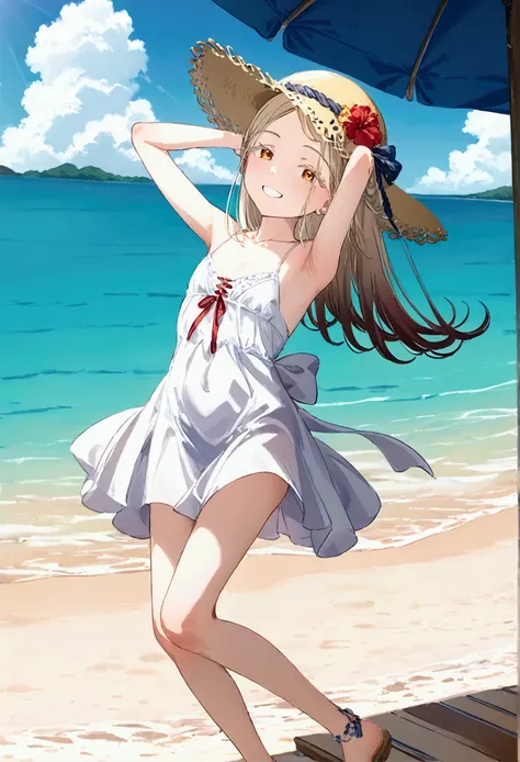 High image quality 、masterpiece、 High Quality  、Full HD、4K 、 depict only one girl、Depict the whole body、Hiroshi Shinozawa、Cream colored long hair 、Black hairpin、 golden eyes、slim、 straw hat、 smile、Red  on cheeks、 flat chest、unadorned sleeveless white dress...