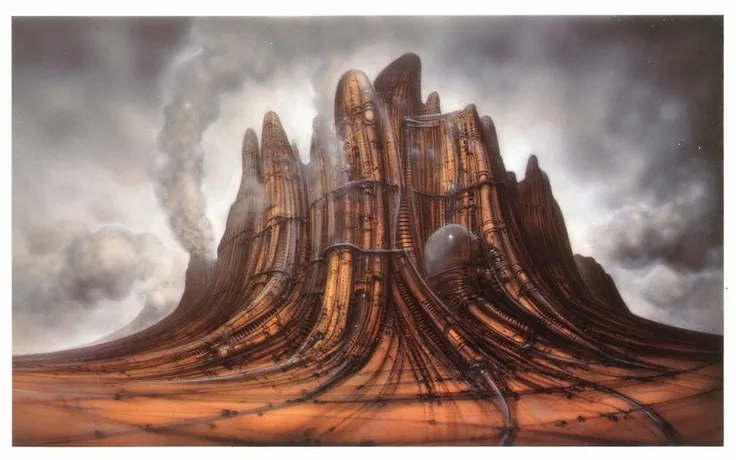 H. R. Gigers g1g3r, , Giger_style, The image is a detailed view of H.R. Gigers " Island Of The Dead " plate, featuring (  The image depicts a fantastical scene of a castle with a round tower, surrounded by a whirl of dark clouds and a starry nebulous sky i...