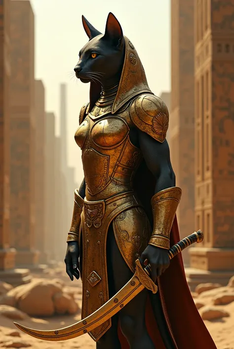 Imagine a sleek, armored cat with golden patterns and a curved sword, embodying Egypt’s mystery and ancient power.
