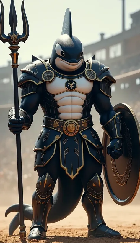 Humanoid Santos Mascot, a powerful and battle-ready orca gladiator, stands tall in imposing black and white gladiator armor. His armor gleams under the sun, with intricate details that combine strength and elegance, and a prominent white chest plate featur...