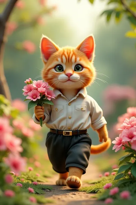 Generate a high quality 3D image: Ab orange cat wear white shirt and black pant and walking in garden with beautiful pink flower in its hand