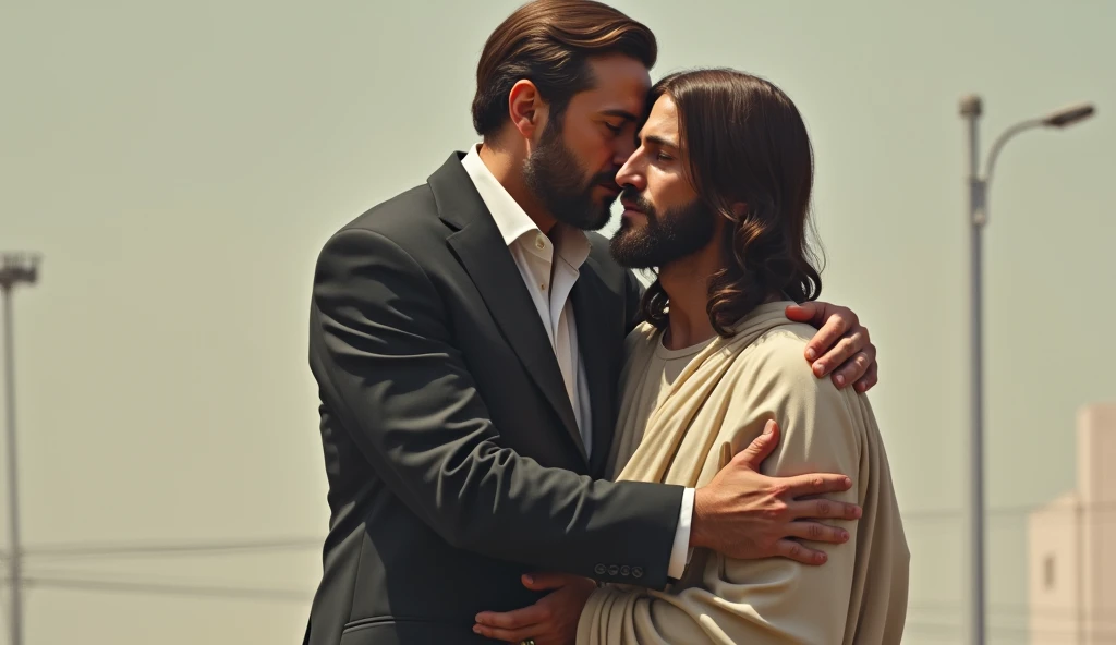 Modern man embracing Jesus, with side view