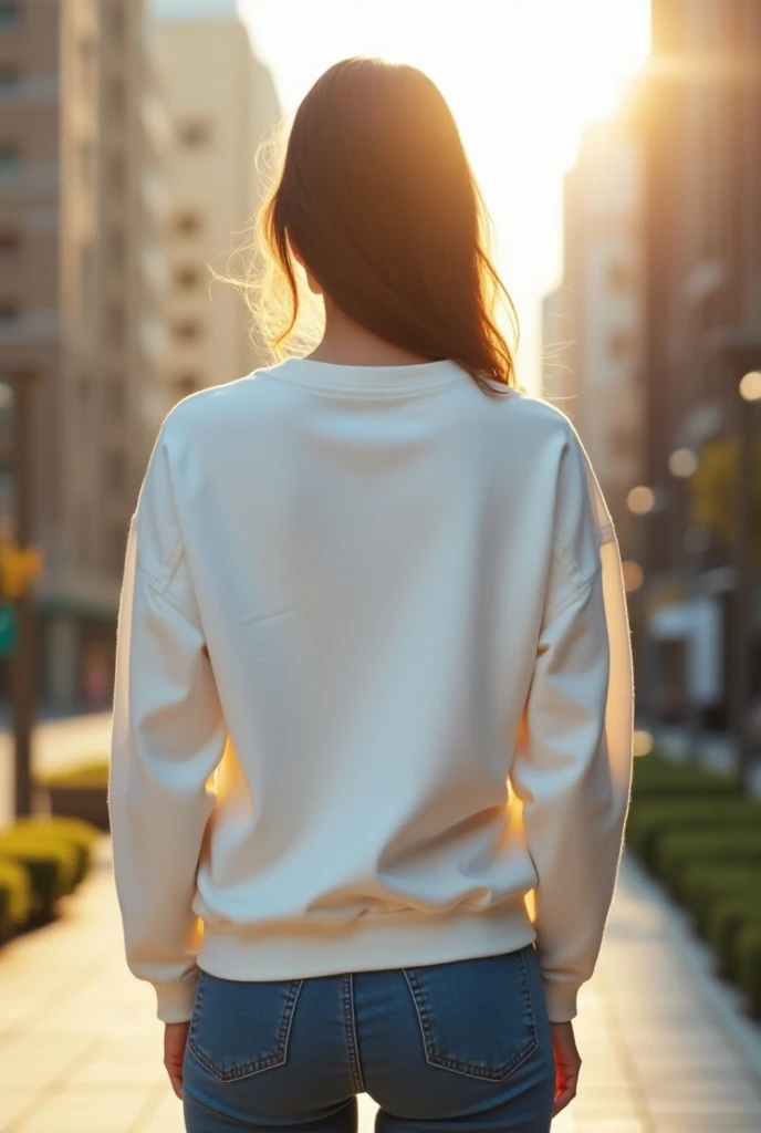 Picture taken from the back. Backside shot. A high-quality stock photo of a athletic girl facing away from the camera, wearing a loose, oversized plain white sweatshirt,  made up of a very thick material, thick fabric with no wrinkles, classic blue denim j...