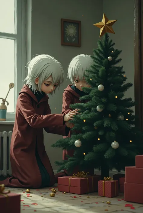 Two sad ren put together a Christmas tree 