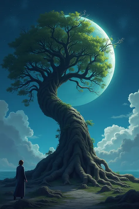  Stylized tree whose roots are partly hidden in the shadow of the Crescent Moon, Thus creating a game of balance and earth being sky 