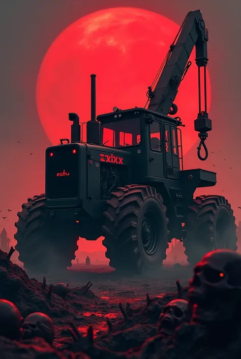 A large black tractor that has a large crane with a hook on the tow truck is written xShx in red and the number says BEM The tractor is standing on a battlefield full of zombies and it is a blood moon