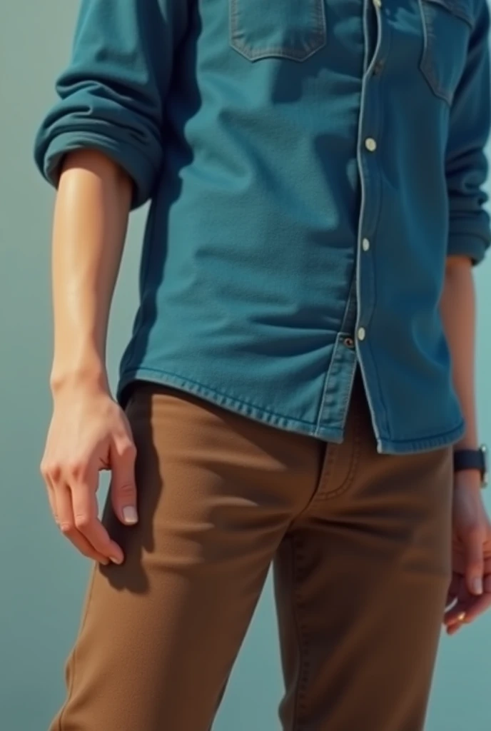 a close up of a person in a blue shirt and brown pants, a computer rendering inspired by Sudip Roy, trending on cg society, video art, rotoscoped, 2 d animation, 2d animation, digital 2d animation, rotoscoping, character animation, 3 d animation, 3d animat...