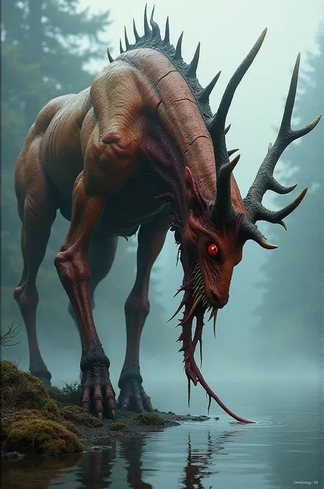 It loomed, towering three meters high. The front legs bulged with sinewy muscles, their rust-colored skin cracked and raw like old blood. The rear, grotesquely deer-like, lent it a mocking elegance. An abomination of twisted flesh and bone, with five crims...