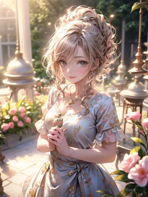 ((cute girl happily indulging in a wide variety of sweets on table)), with a joyful expression on her face, in a garden full of blooming flowers. (best quality,4k,8k,highres,masterpiece:1.2), ultra-detailed:1.2, (realistic,photorealistic,photo-realistic:1....