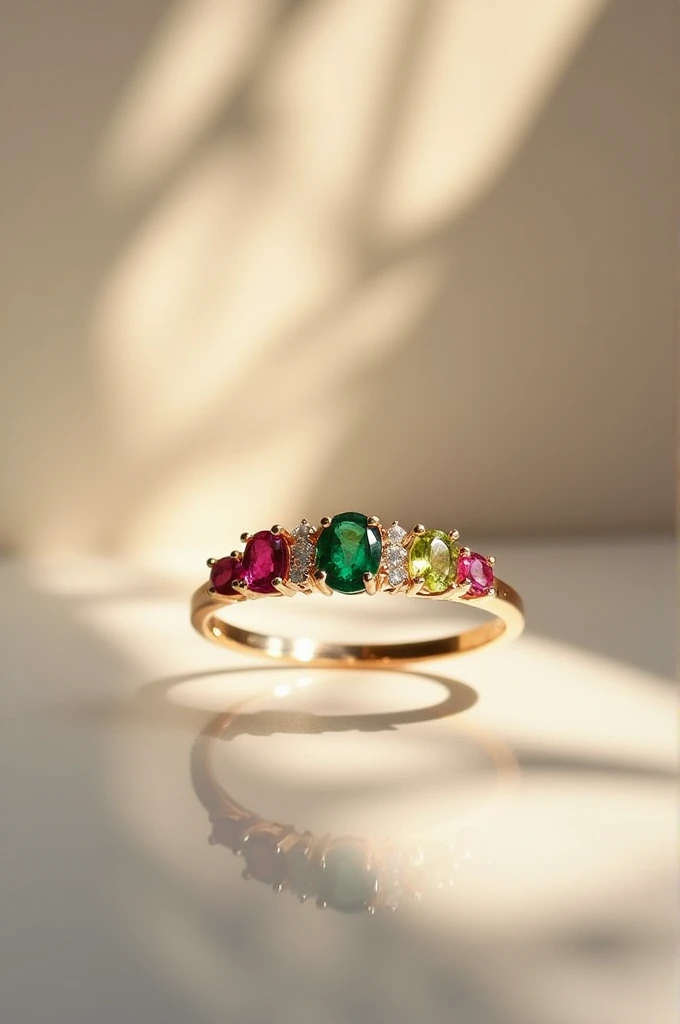 A crown ring with 4 gems ruby, emerald, diamond, and peridot. The right ng should be dainty and minimalist