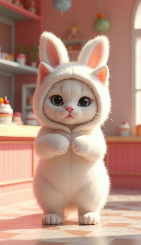 Full screen 30 %の大きさで描かれたRealisticな赤ちゃん猫,  a baby cat wearing a white Miffy costume,  a baby cat wearing a costume from head to foot ,  a cute baby cat standing on 2 back legs ,  baby cat without nails , Cat without a beard , Realisticで写実的な赤ちゃん猫,  a baby c...