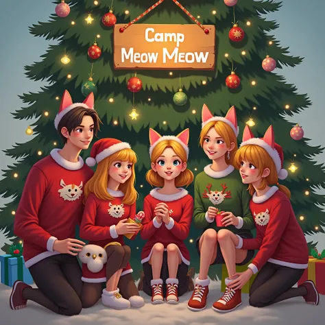 Several young people from 17 to 20 years old, there are boys and girls wearing Christmas clothes, they have cat ears and tails, and they wear kitten makeup, they are under a Christmas tree that has a sign that says Camp Meow Meow.