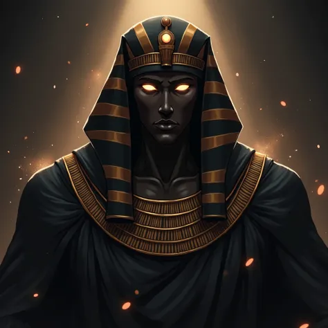  masterpiece , Portrait of the face, mid-chest up,  High resolution, anatomically correct,  Super detail, Exuding a dark aura,  glowing dark skinned black man wearing pharaoh clothes, Dark, gray shadow wrapped around the body of the  King of Egypt in the a...