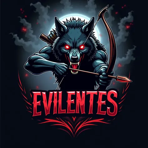  a gaming team logo , written WOLF in the image, An evil wolf archer