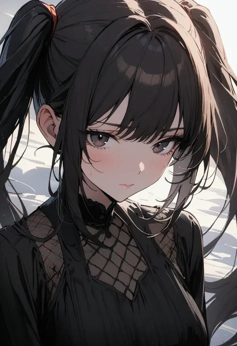 one girl, high twin tails, high pigtails, hair bangs, medium length hair, shoulder length hair, black hair, dark eyes, pretty face, slim figure, black dress, close up, masterpiece, best quality