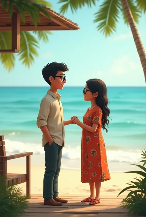 A boy proposing a girl. The are in a sea shore. The girl is a little bit chubby. They both wear sye glasses. The are standing on a wooden resort . Girl wearing kurti. 