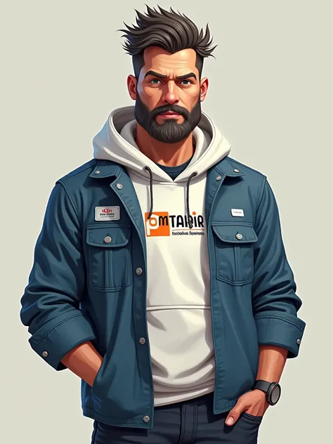  an avatar of a Pixair-type engineer with jeans, spiky hair up, beard media, White hoodie of construction engineer , dark blue shirt with pocket 