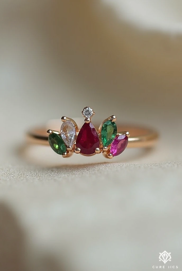 A ring with crown with 4 gems ruby, emerald, diamond, and peridot. The right ng should be dainty and minimalist