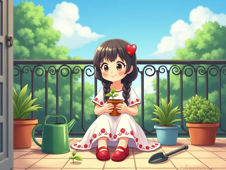 The picture shows a  sitting on the balcony, taking care of the plants. She is wearing a white dress with red floral patterns and red shoes. Her hair is neatly braided, and she has a heart-shaped hairpin. The girl is sitting on the floor, holding a small p...