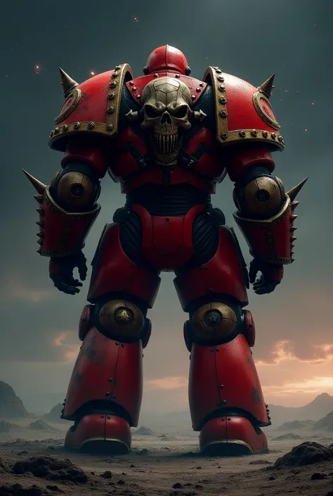 a space marine from Khorne ,  standing in front of the horizon,  with your back to the camera 