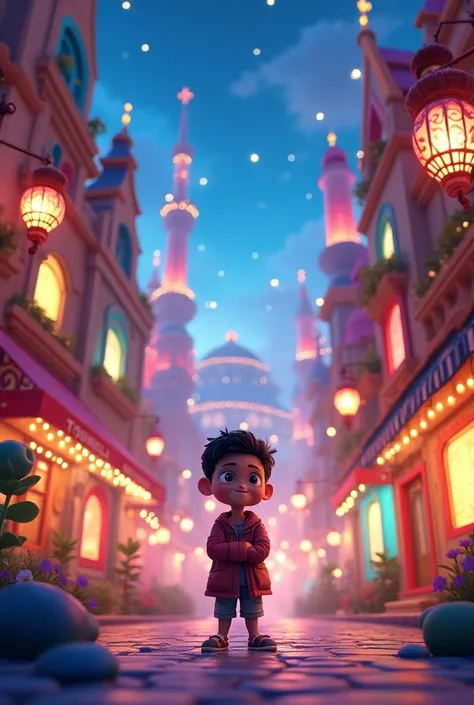 A dreamlike city, colorful and shiny buildings, streets decorated with lights, and( Ali )Looking at the scene in wonder."3d image cartoon clour full same caracter
