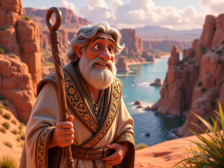  iconic Pixar and Disney style , depicting Moses ,  an elderly and gentle man with a long beard and white hair ,  wearing simple, old-fashioned tunics with intricate embroidery ,  holding a shabby wooden staff in his right hand , standing on the edge of an...