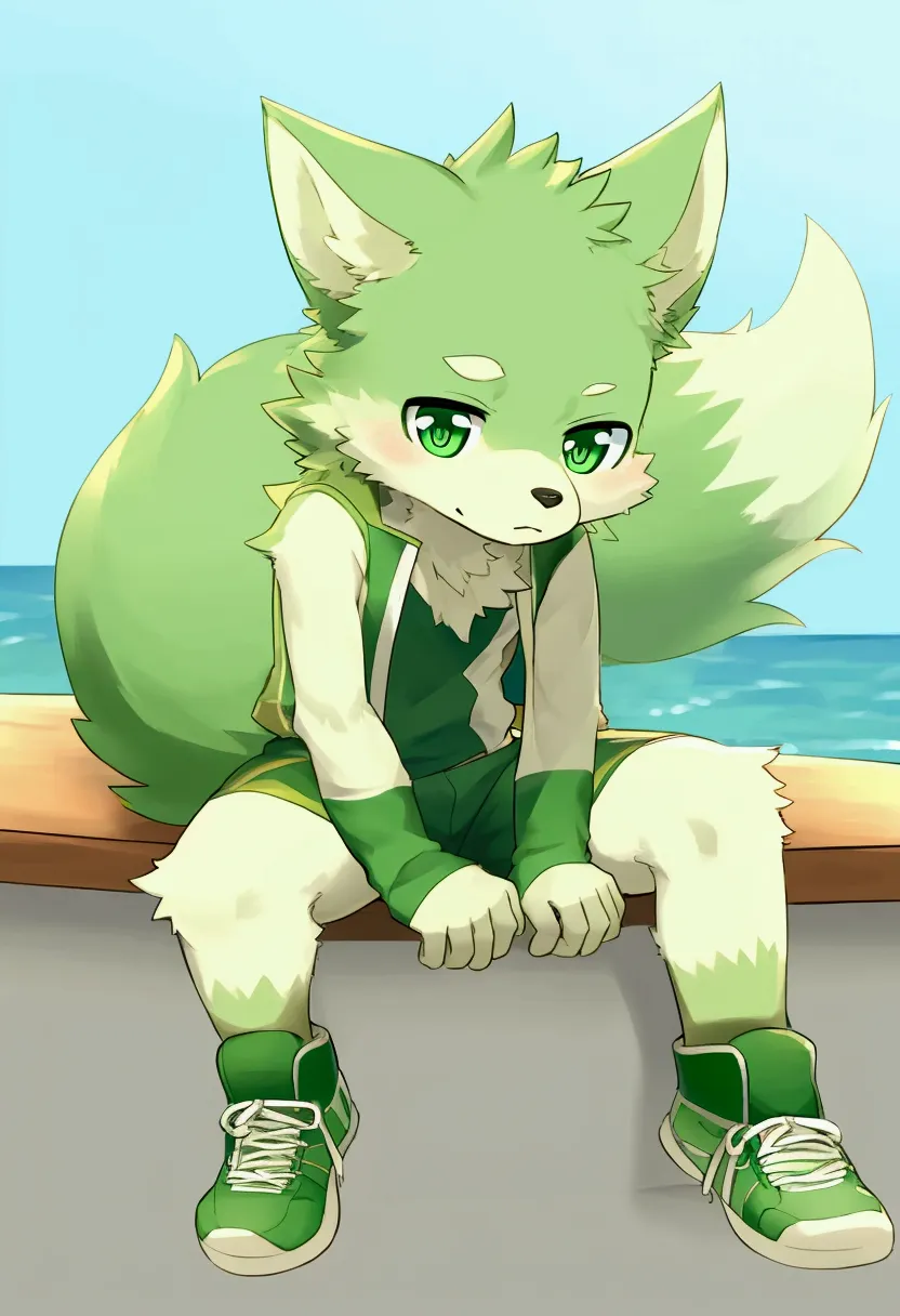 solo, 1boy, furry, kemono, furry wolf, anthropomorphic, male, lime-colored fur , emerald-colored eyes.fluffy tail. ,there is a s...