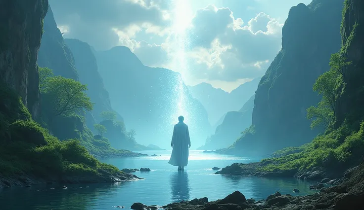 ((top-quality, masterpiece:1.3)), (Amazing Art work:1.1), Fantastic landscape, majestic, sacred waterside, one in the middle and something shining, vast,