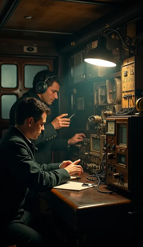 Depict the radio signal crew aboard the SS Californian, working diligently in a small, dimly lit room filled with early 20th-century radio equipment. One crew member is seated, focused as he taps out a Morse code warning message, his face illuminated by th...