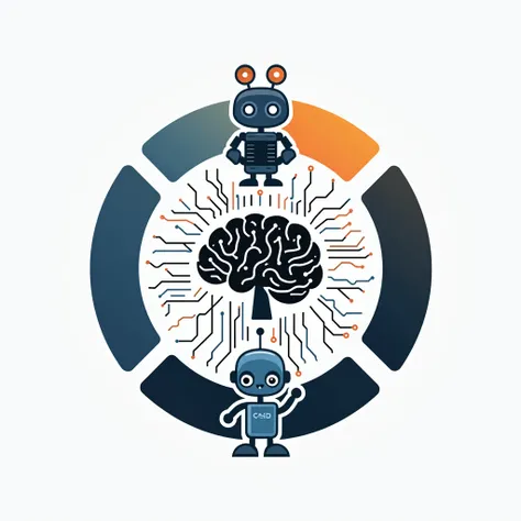 A modern, minimalist emblem symbolizing the fusion of technology and education. The emblem is circular. At the center, theres a stylized brain or neural network graph representing artificial intelligence and innovation. Surrounding the center are flowing l...