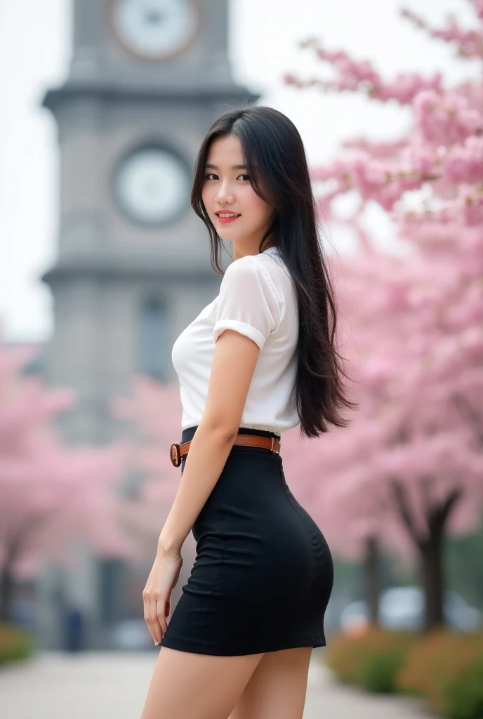 Prompt : Full body photos of a Thai university girl 20 years old standing outdoors in front of the Clock Tower, while cherry blossoms bloom in the background. She is wearing a sheer white short-sleeve shirt and a short black tight pencil skirt with a brown...