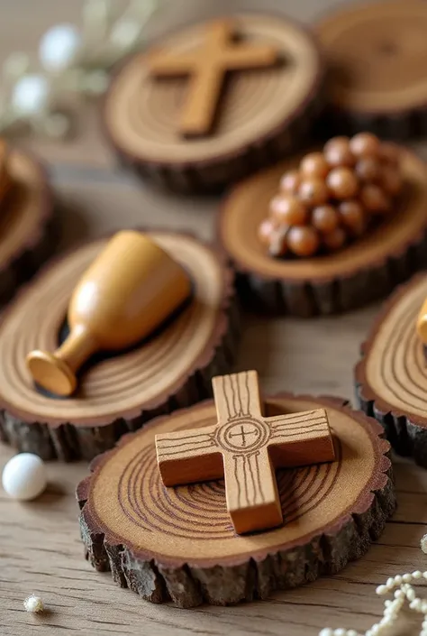  First Communion favors made of wood with chalice, Host grape and crucifix 