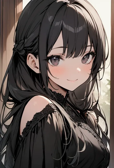 one girl, high twin tails, high pigtails, hair bangs, medium length hair, shoulder length hair, black hair, dark eyes, pretty face, slim figure, black dress, close up, smile, masterpiece, best quality