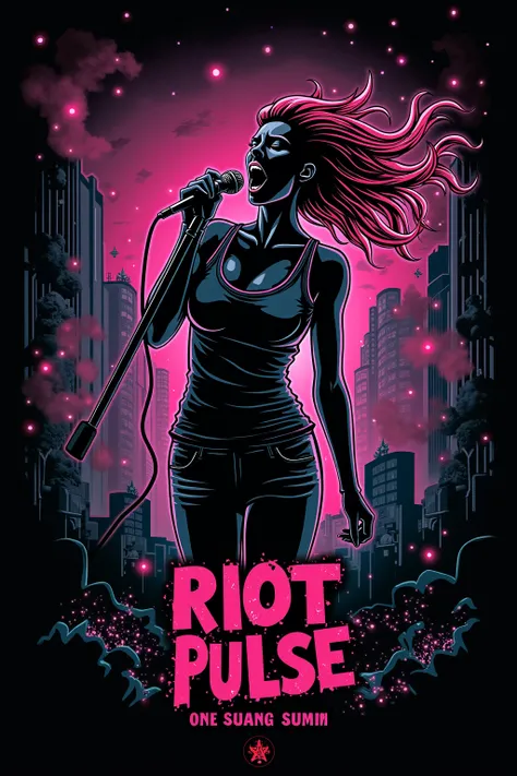 An album cover for a song titled Riot Pulse. The cover features an intense, industrial-themed background with glitchy electronic graphics, shattered glass, and distorted cityscapes. The centerpiece is a powerful female silhouette with dynamic, neon-colored...