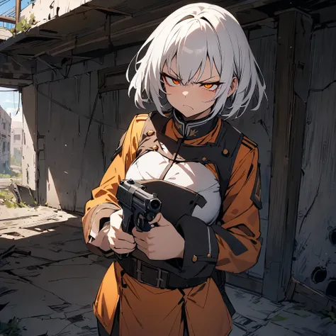 masterpiece, best quality, awesome colors, piercing eyes, highest quality, 1 girl, white short hair, orange eyes, armory uniform, pistol in the hands, narrowed eyes, standing, frown, angry, abandoned building