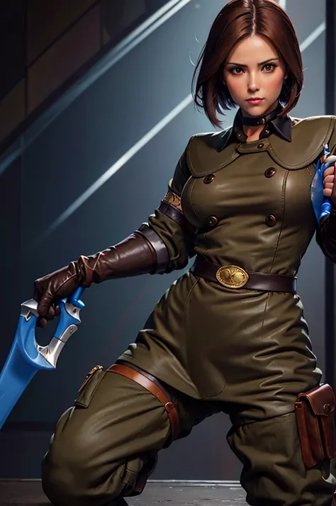 Very detailed, One Woman, Brown medium hair, Khaki military uniform, long Leather gloves, With a blue whip, big Breasts, blush, serious look, half body, perfect face, perfect body, pants, Full, boots, kof