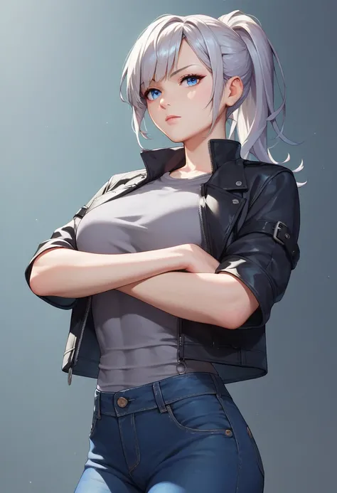 masterpiece, best quality, 1girl, silver hair, ponytail, blue eyes, crossed arms, black jacket, gray shirt, black jeans, close-up