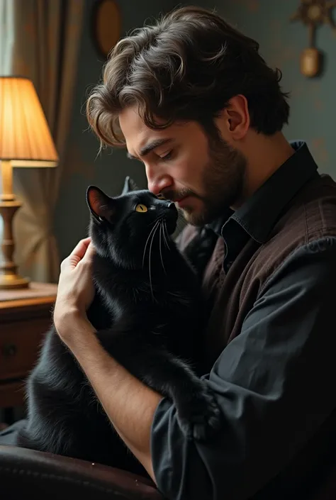 Generate a man who loves a black cat