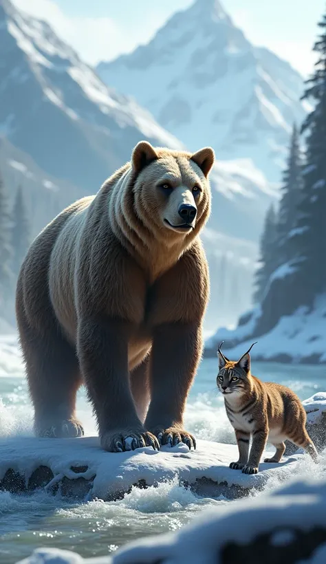 "By a turbulent river surrounded by snow-capped mountains, a powerful grizzly bear stands next to a sleek, alert lynx. Both creatures look ahead with focused expressions, their fur shimmering in the cold morning light, adding an edge of danger to the scene...