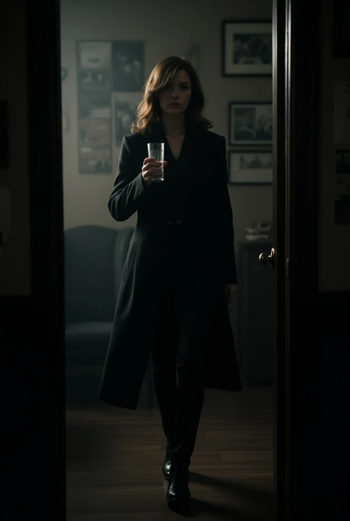  Laura enters the detectives office holding a glass of water. The camera zooms in as she walks 