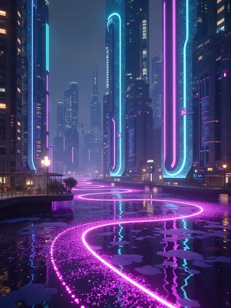 a detailed holographic cyberpunk city at night, **futuristic neon-lit skyscrapers covered in glowing mathematical formulas**, ultra-detailed photorealistic, dramatic lighting, vibrant acid colors, glowing purple glitter, mesmerizing holographic displays, s...