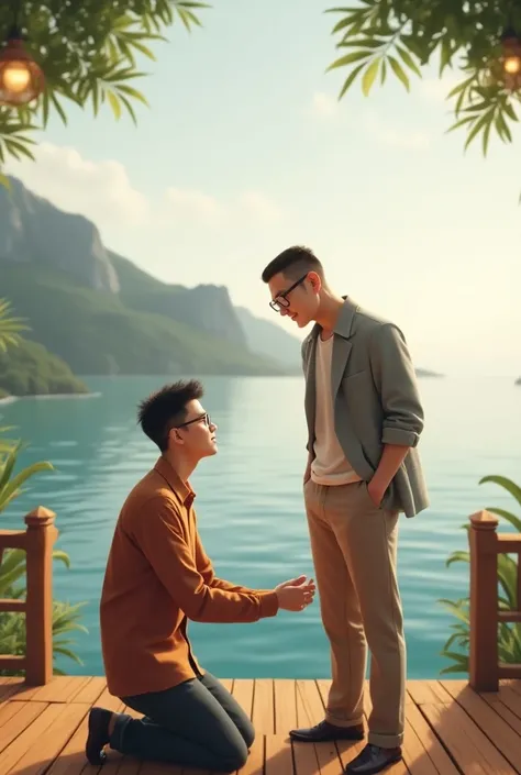 A sweet couple. Boy has buzz cut hair wear glasses.  Boy wearing a solid colour shirt and formal pant. Girl is chubby amd attractive wear glasses. Girl is wearing full sleve modern dress. Boy is proposing the girl. The are on a resort sea view wooden resor...