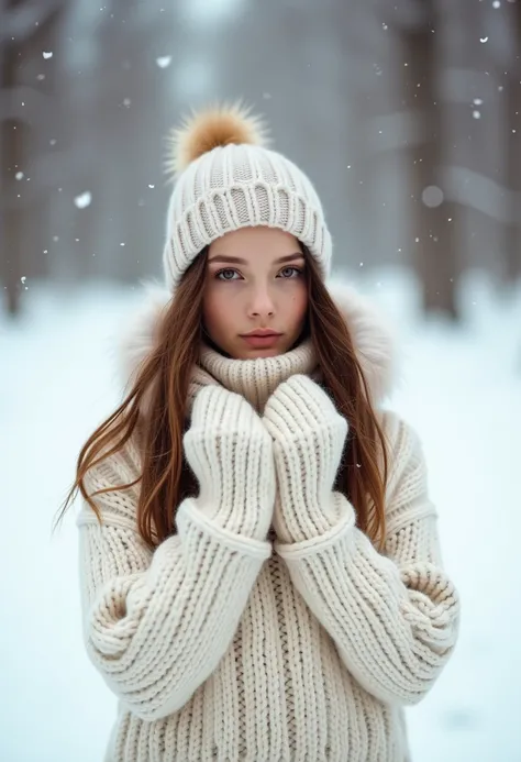 This is a photograph of a woman standing outdoors in a snowy landscape. She is dressed warmly in a cozy, chunky knit sweater and a matching scarf, both in shades of off-white and cream. She has a light-colored, knitted beanie on her head, adorned with a fl...