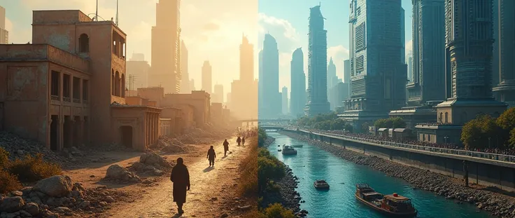 A split image, one side a small, old, wrecked, town in the middle east, and the other a vibrant, bustling metropolis filled with people and modern infrastructure, in vibrant coloring and cinematic detail.