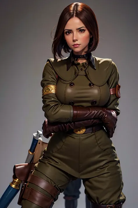 Very detailed, One Woman, Brown medium hair, Khaki military uniform, long Leather gloves, With a blue whip, big Breasts, blush, serious look, half body, perfect face, perfect body, pants, boots, kof