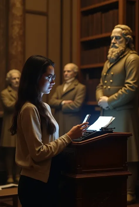 A young woman standing in front of an ornate pulpit with a cellphone in her hand ,  with a typewriter that emits a faint glow . around,  statues of historic figures in a library look on with expressions of approval. 